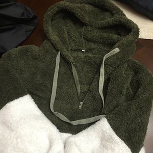 Fuzzy quarter zip pullover with hood